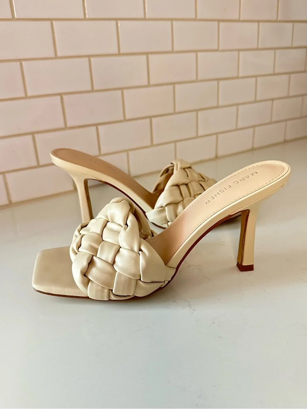 Marc Fisher Womens Cream Braided Sandal Stiletto Heels 8 Party Wedding Guest